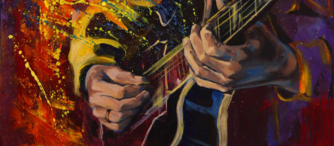 Jazz guitarists hands, playing guitar, with multicolored fantasy
