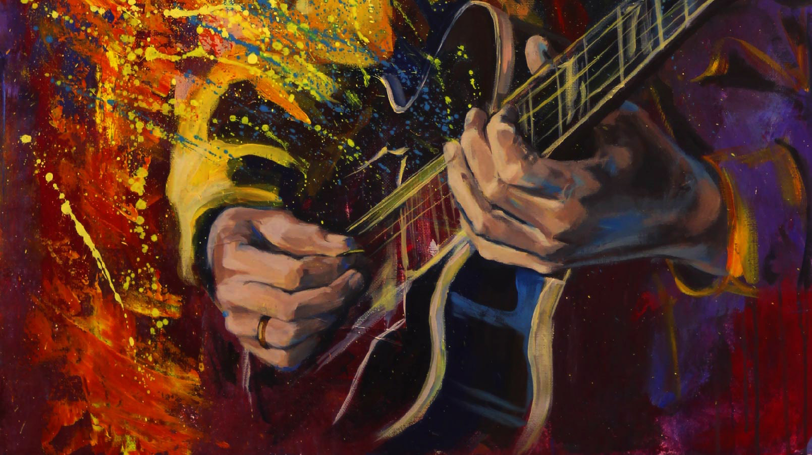 Jazz guitarists hands, playing guitar, with multicolored fantasy