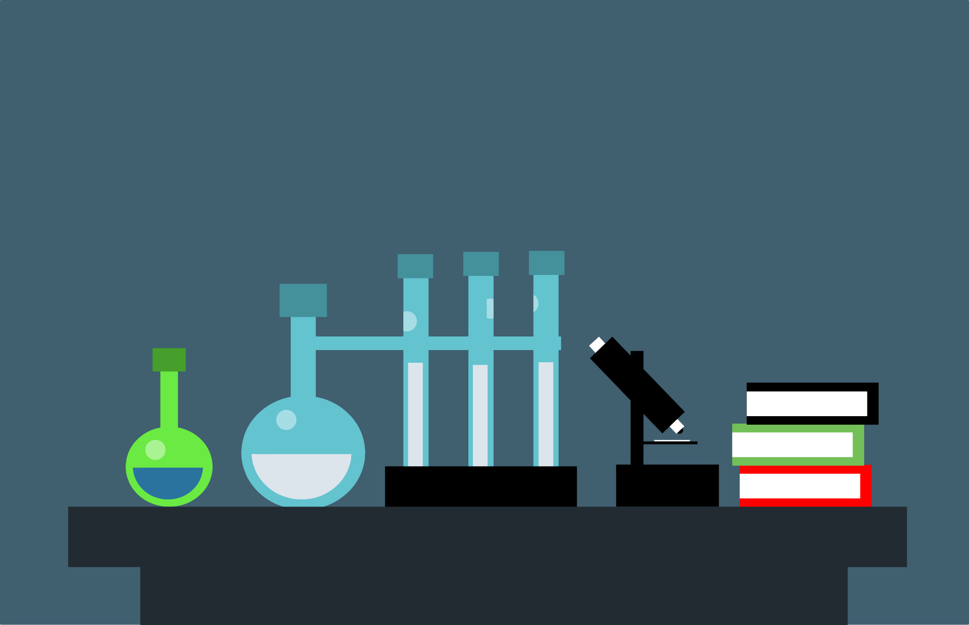 lab equipment, microscope and books